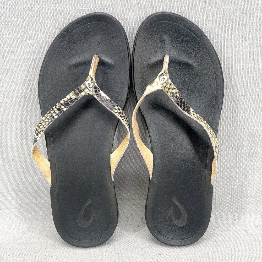 Olukai Womens 7 Ho'Opio Sandals Shoes Snake‎ Print Leather Thong Flip Flop Flats
